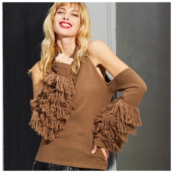 Brown Fringe Cold Shoulder Turtleneck Sweater - Picture 4 of 5